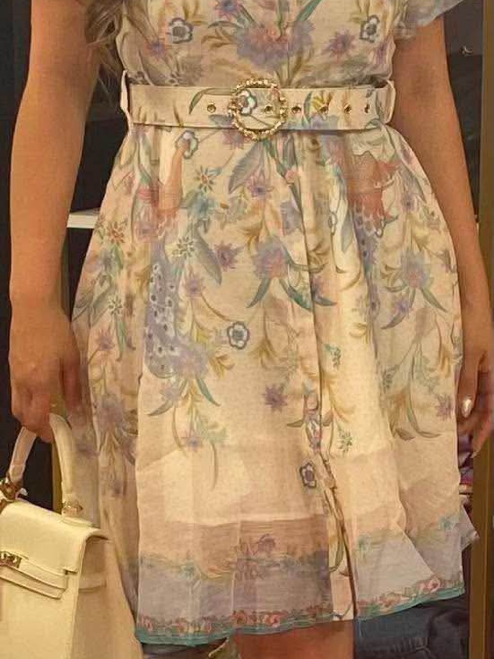 Floral Print Cream Midi Skirt with Belt